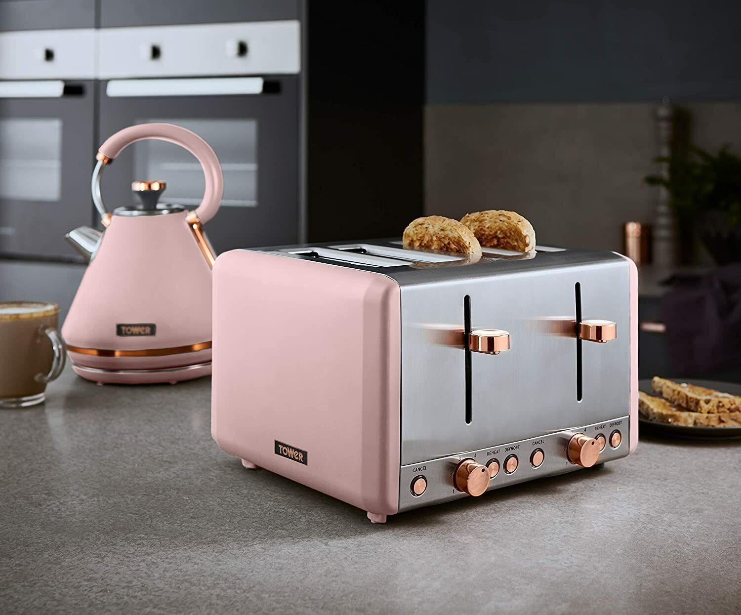 Tower Cavaletto Pyramid Kettle, 4 Slice Toaster, Bread Bin, Canisters Kitchen Set (Pink) - Vibe Home