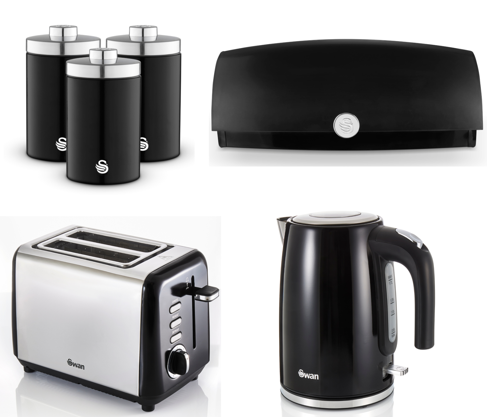 Swan Townhouse Kettle, 2 Slice Toaster, Bread Bin, Canisters Kitchen Set (Black) - Vibe Home