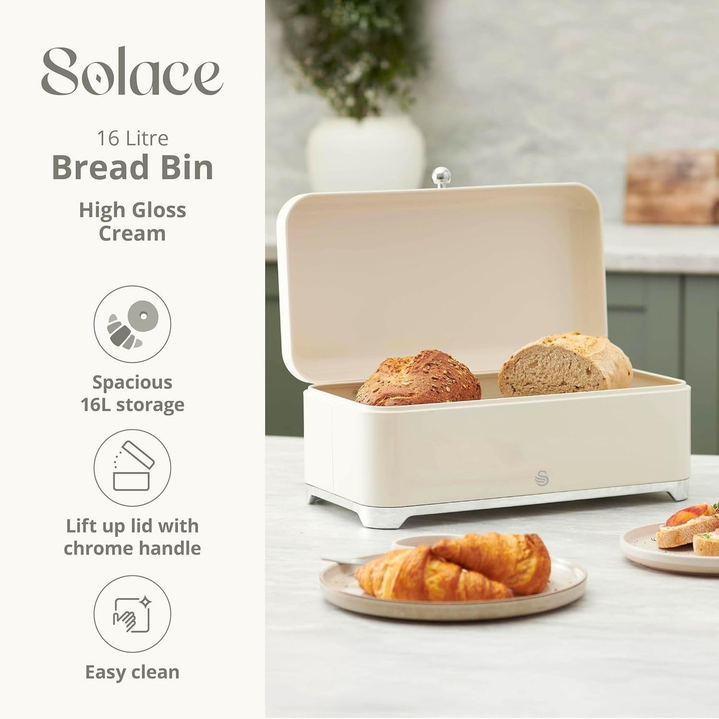 Swan Solace Cream Breadbin & 3 Canisters Kitchen Storage Set with Chrome Trim