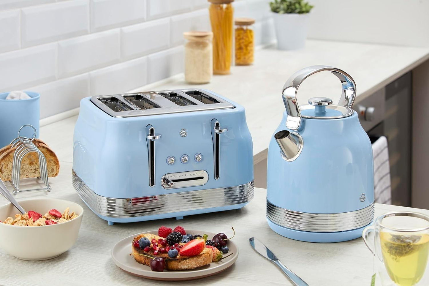 Swan Retro Pyramid Kettle, 4 Slice Toaster & Canisters Kitchen Set (Blue) - Vibe Home