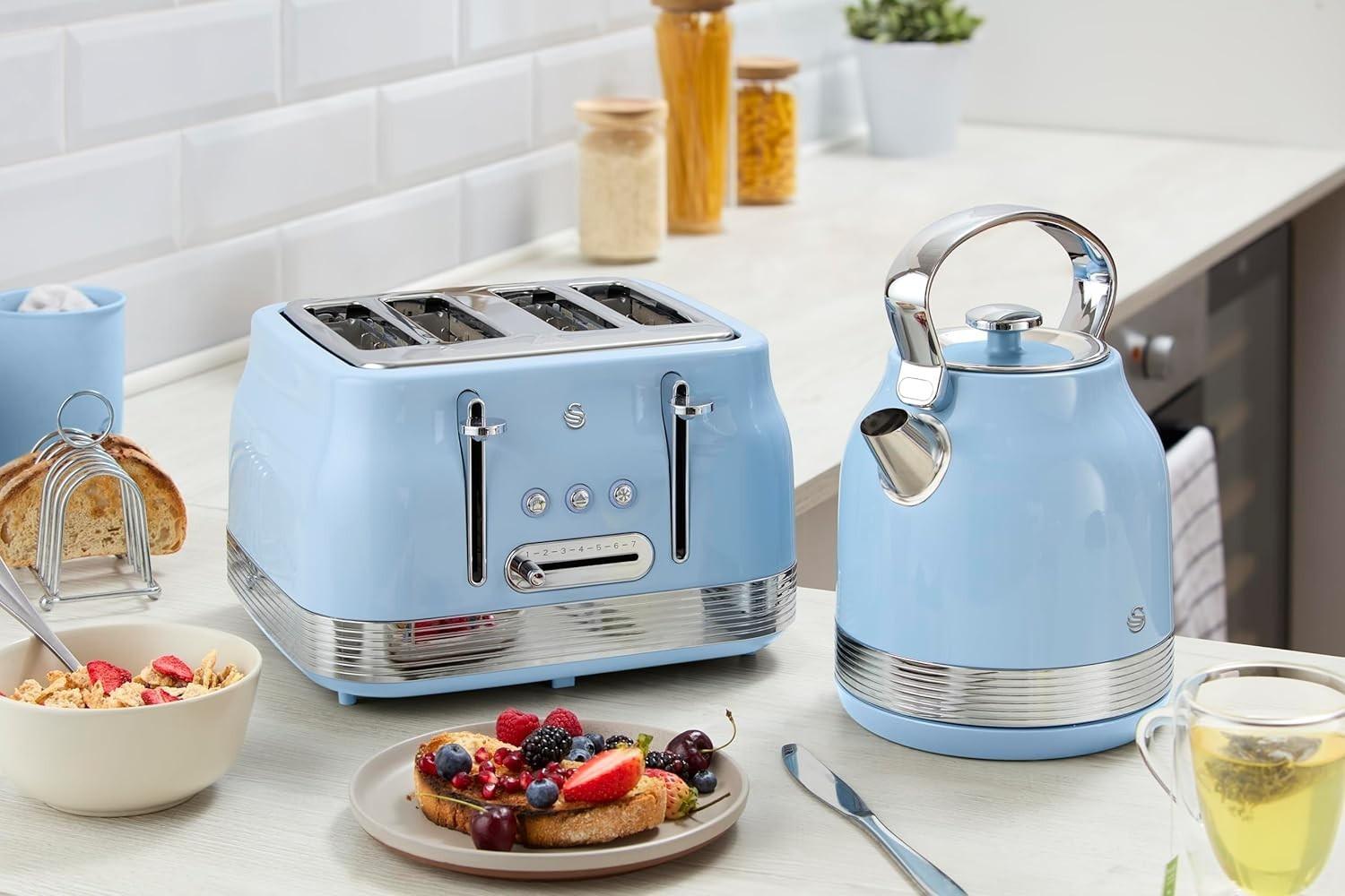 Swan Retro Pyramid Kettle, 4 Slice Toaster & Canisters Kitchen Set (Blue) - Vibe Home