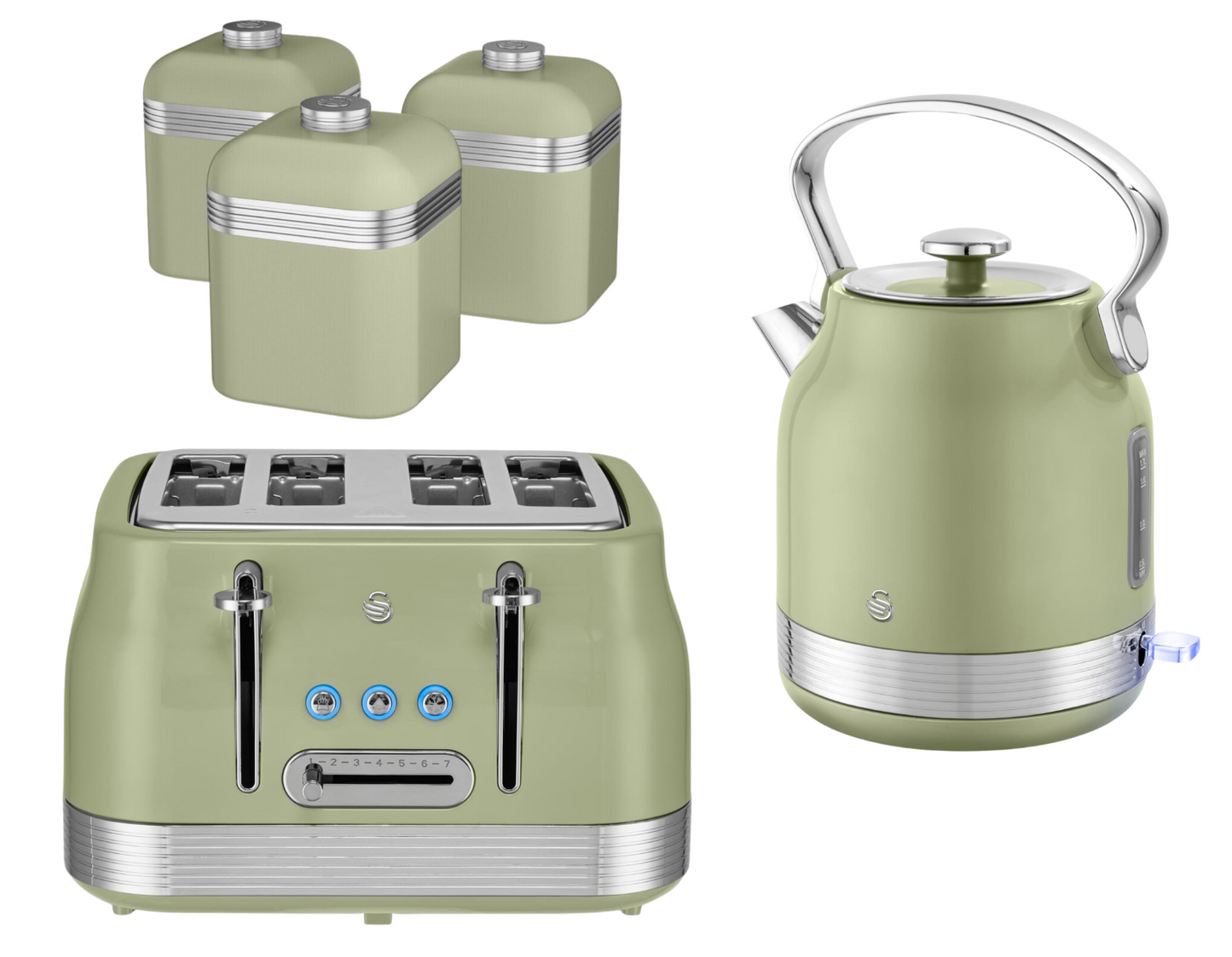 Swan Retro Pyramid Kettle, 4 Slice Toaster & Canisters Kitchen Set (Green) - Vibe Home