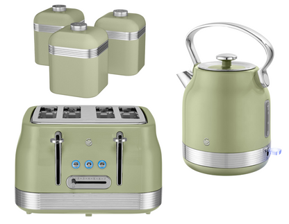 Swan Retro Pyramid Kettle, 4 Slice Toaster & Canisters Kitchen Set (Green) - Vibe Home