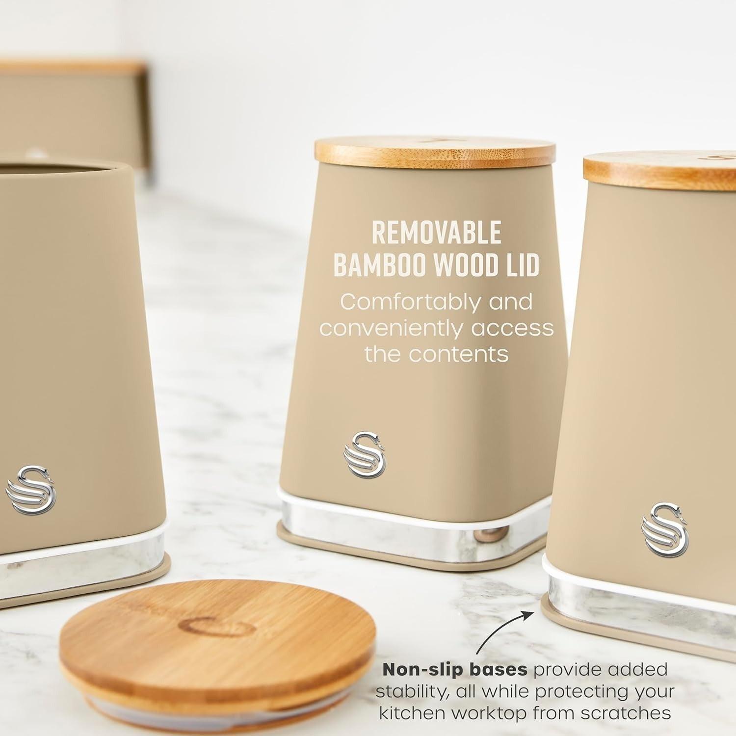 Swan Nordic Kettle, 2 Slice Toaster, Bread Bin, Canisters Kitchen Set (Oatmeal) - Vibe Home