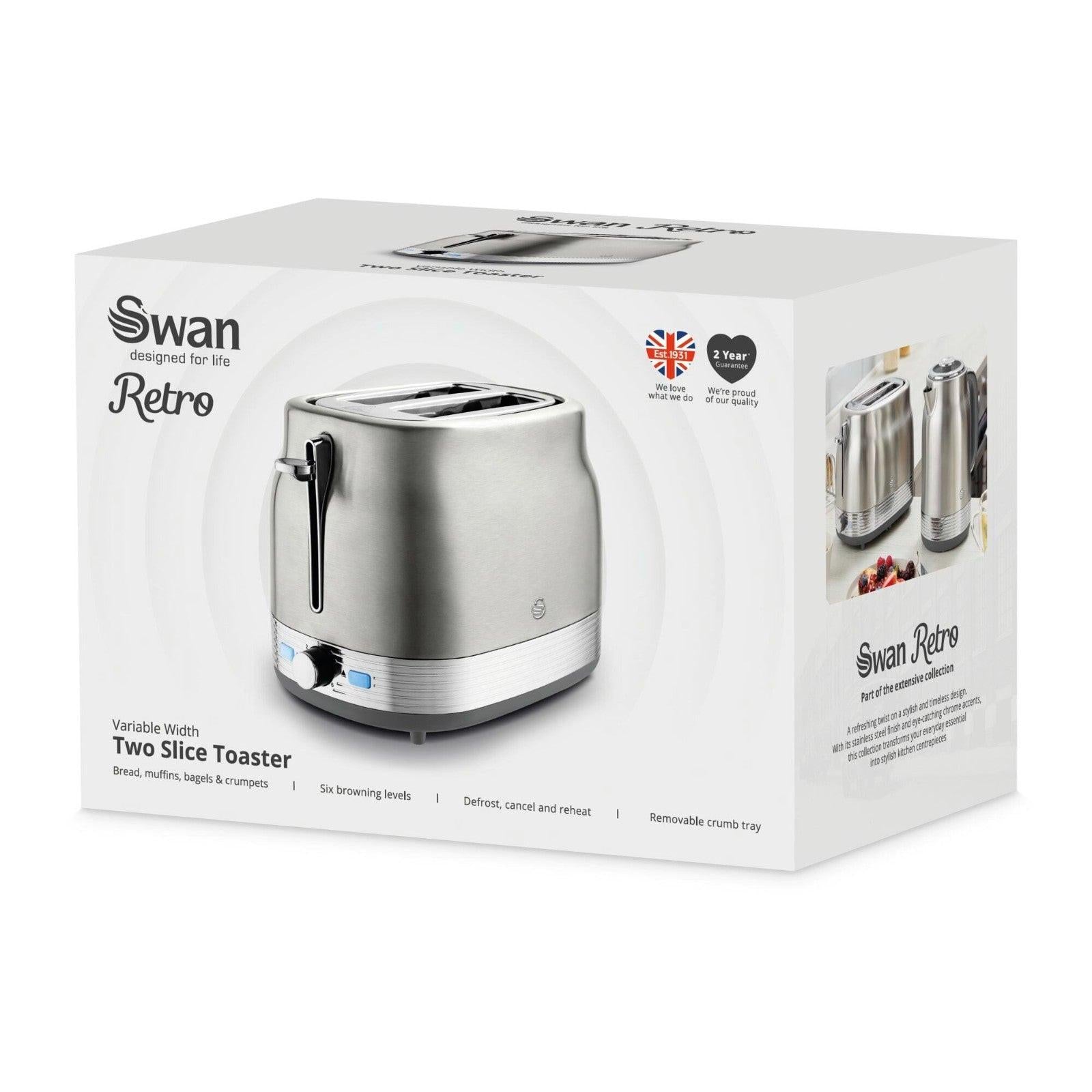 Swan Retro Pyramid Kettle & 2 Slice Toaster Kitchen Set (Stainless Steel) - Vibe Home