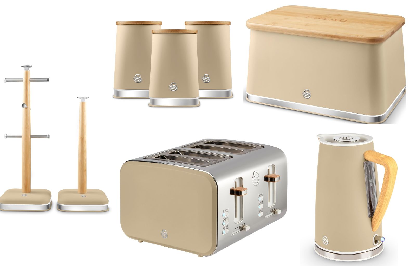 Swan Nordic Oatmeal Kitchen Set Kettle Toaster Bread Bin Canisters Mug Tree Towel Pole 5061025428311