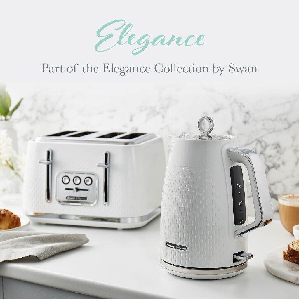 Swan Elegance Kettle, 4 Slice Toaster, Bread Bin, Canisters Kitchen Set (White) - Vibe Home