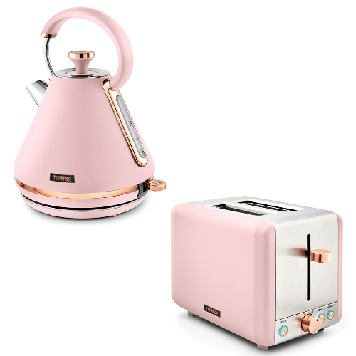 Tower Cavaletto Pyramid Kettle & 2 Slice Toaster Kitchen Set (Pink) - Vibe Home