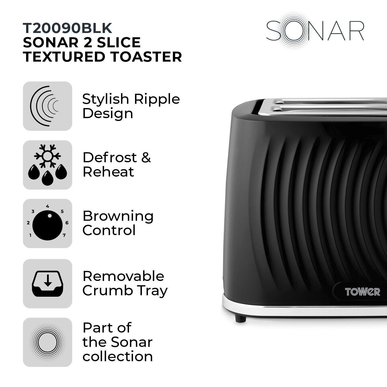 Tower Sonar Kettle & 2 Slice Toaster Kitchen Set (Black) - Vibe Home