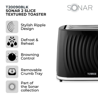 Tower Sonar Kettle & 2 Slice Toaster Kitchen Set (Black) - Vibe Home