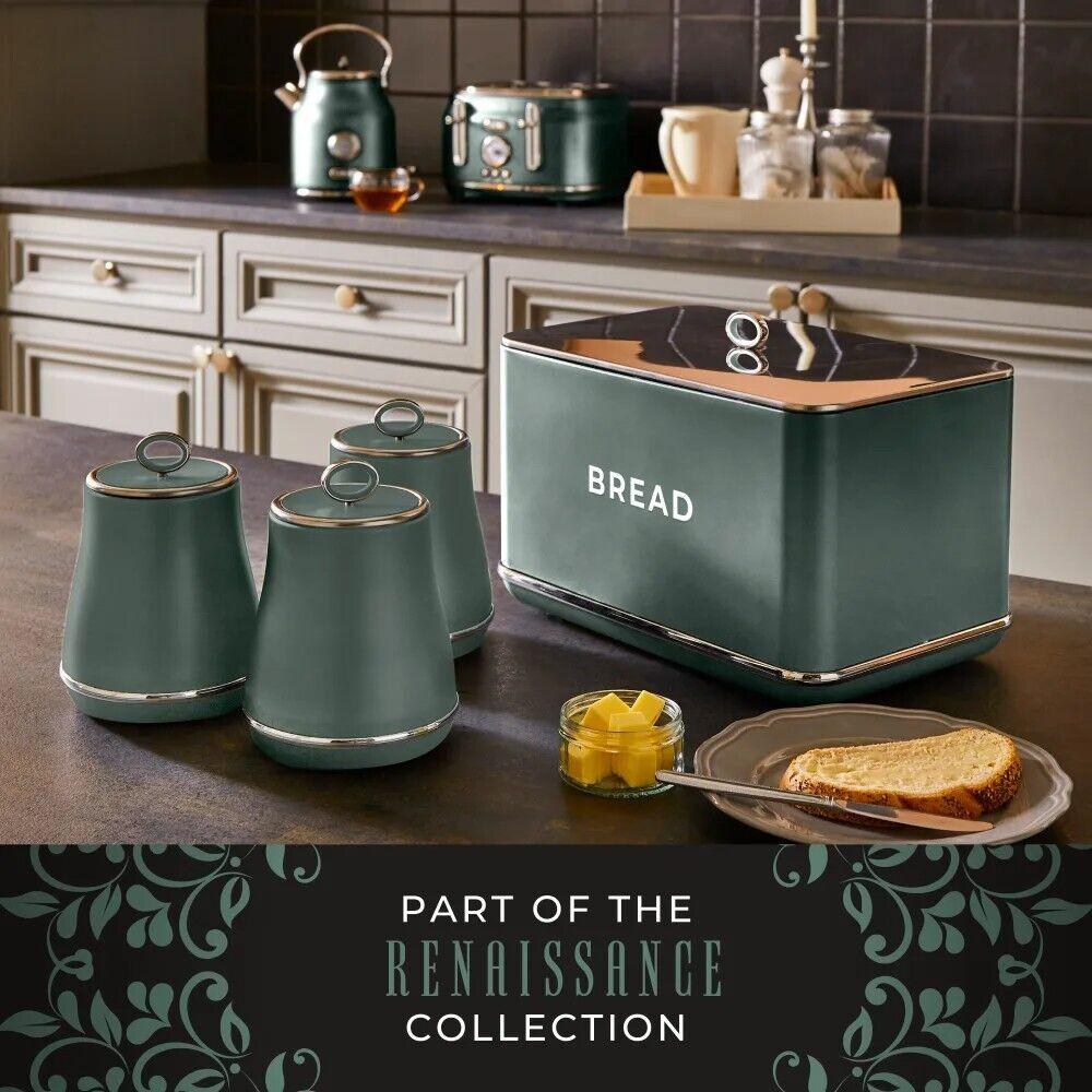 Tower Renaissance Kettle, 4 Slice Toaster, Bread Bin, Canisters Kitchen Set (Forest Green) - Vibe Home