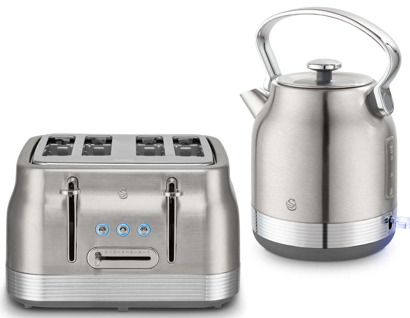 Swan Retro Pyramid Kettle & 4 Slice Toaster Kitchen Set (Stainless Steel) - Vibe Home