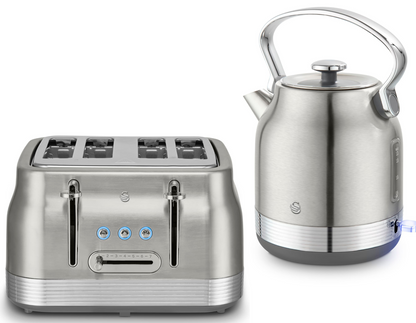 Swan Retro Pyramid Kettle & 4 Slice Toaster Kitchen Set (Stainless Steel) - Vibe Home