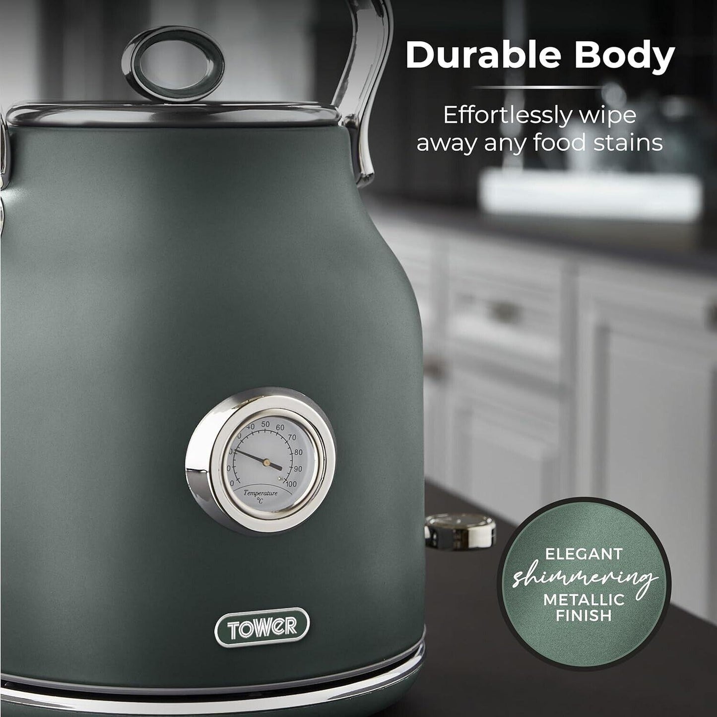 Tower Renaissance Kettle, 4 Slice Toaster, Bread Bin, Canisters Kitchen Set (Forest Green) - Vibe Home