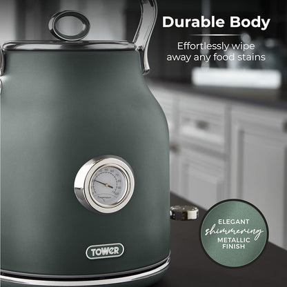 Tower Renaissance Kettle, 4 Slice Toaster, Bread Bin, Canisters Kitchen Set (Forest Green) - Vibe Home