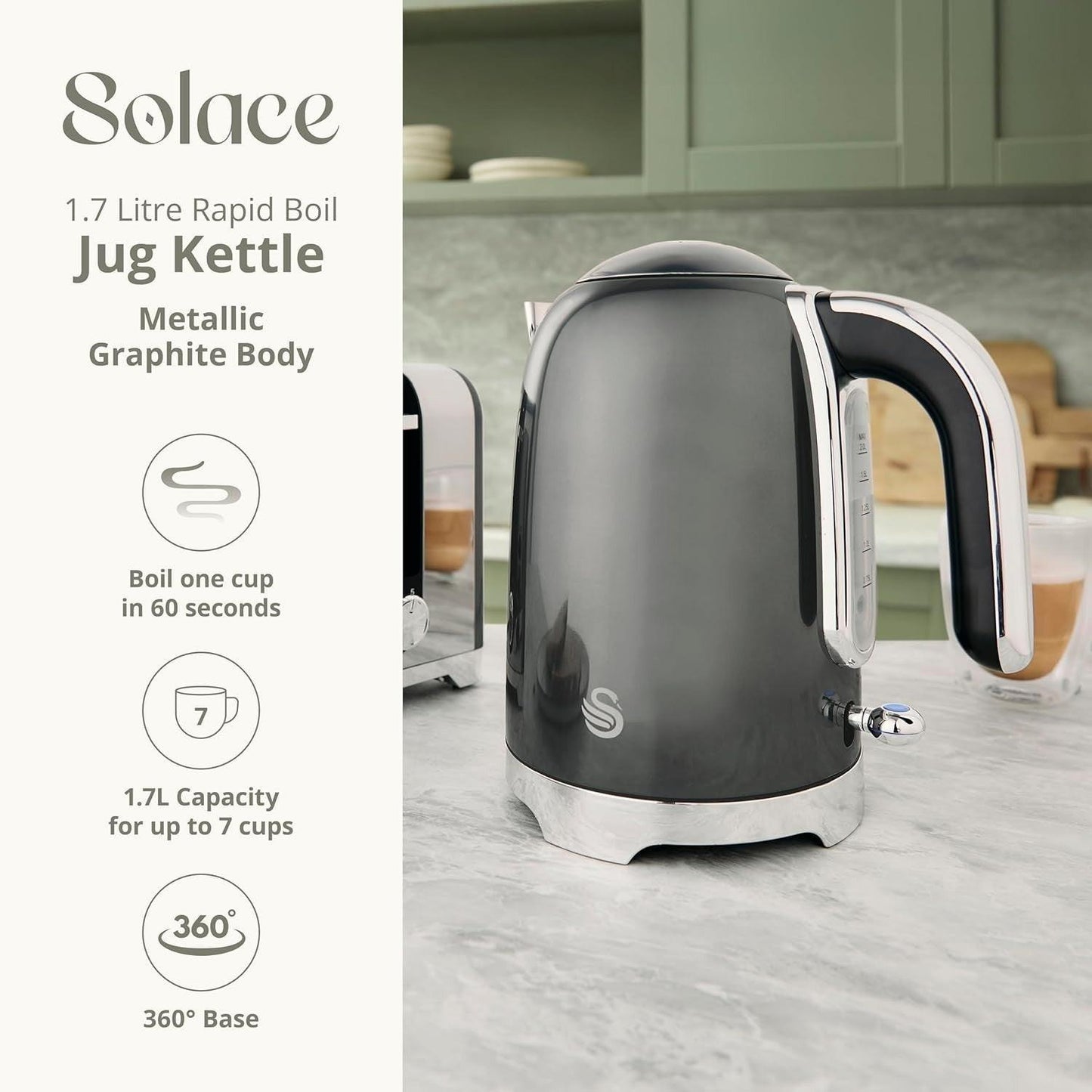 Swan Solace Kettle & 2 Slice Toaster Kitchen Set Grey (Graphite) - Vibe Home