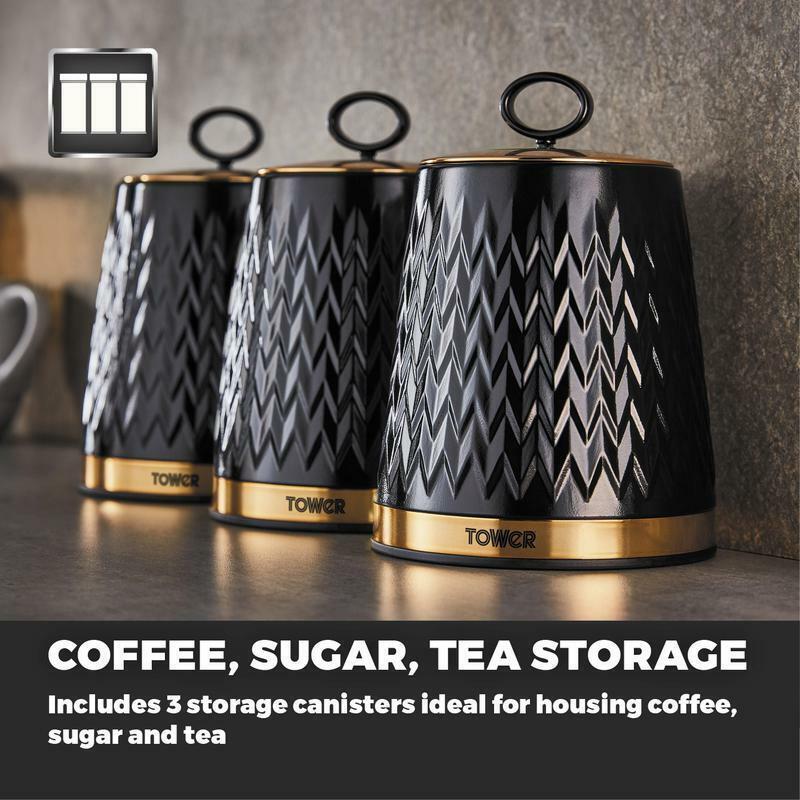 Tower Empire Kettle, 4 Slice Toaster, Bread Bin, Canisters Kitchen Set (Black) - Vibe Home