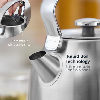 Swan Retro Pyramid Kettle & 2 Slice Toaster Kitchen Set (Stainless Steel) - Vibe Home