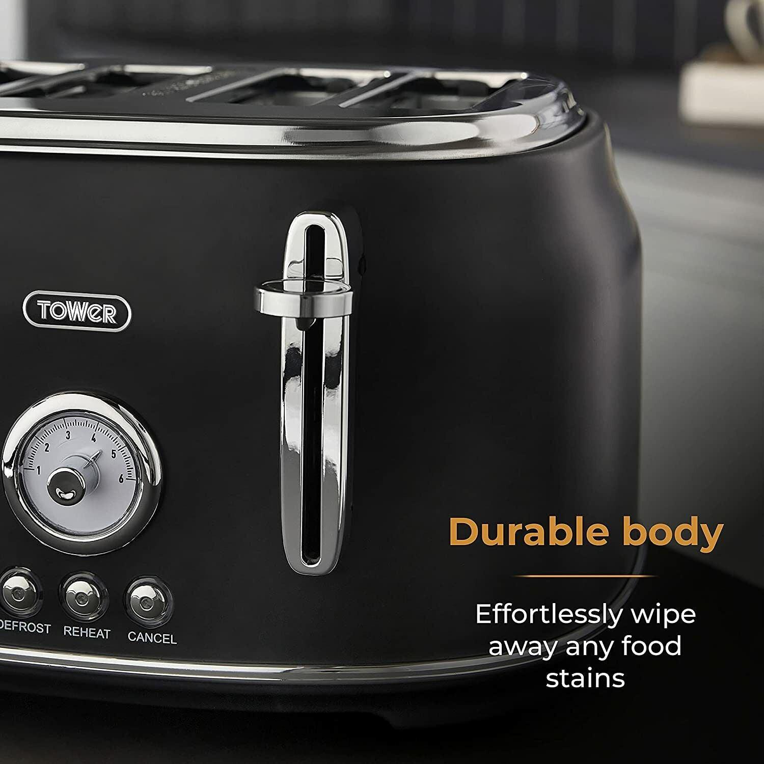 Tower Renaissance Kettle, 4 Slice Toaster, Bread Bin, Canisters Kitchen Set (Black) - Vibe Home