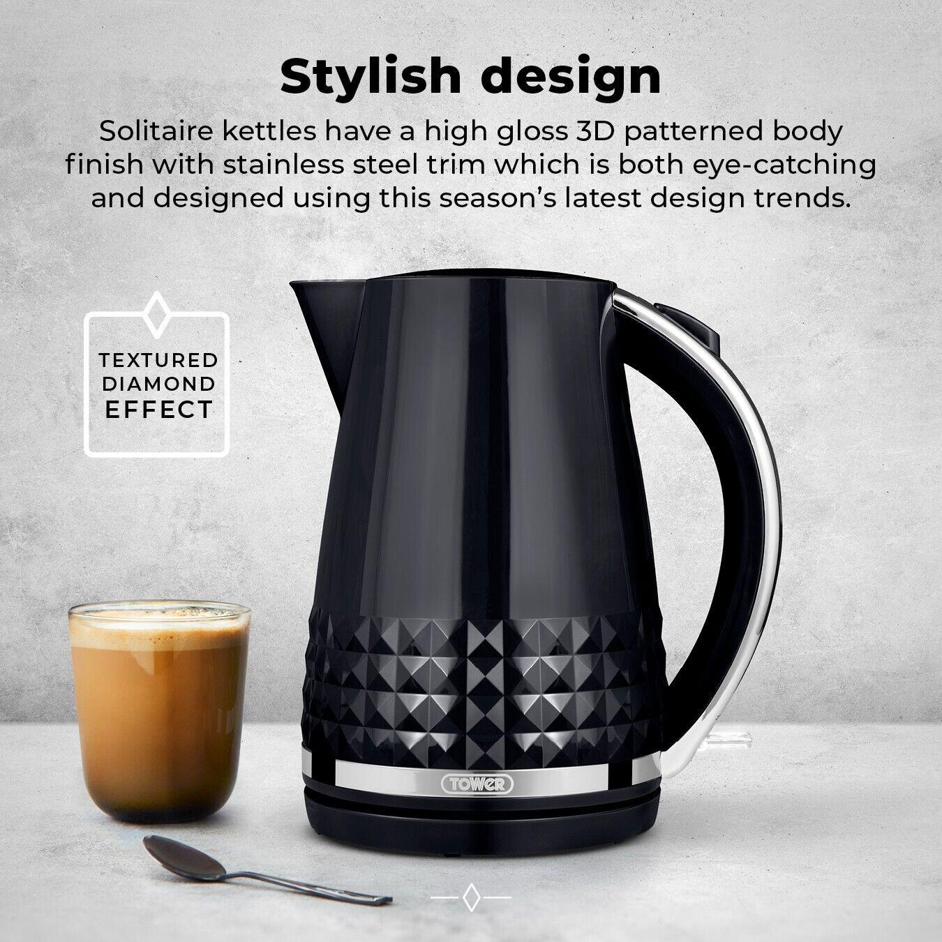 Tower Solitaire Kettle, 2 Slice Toaster, Bread Bin & Canisters Kitchen Set (Black) - Vibe Home