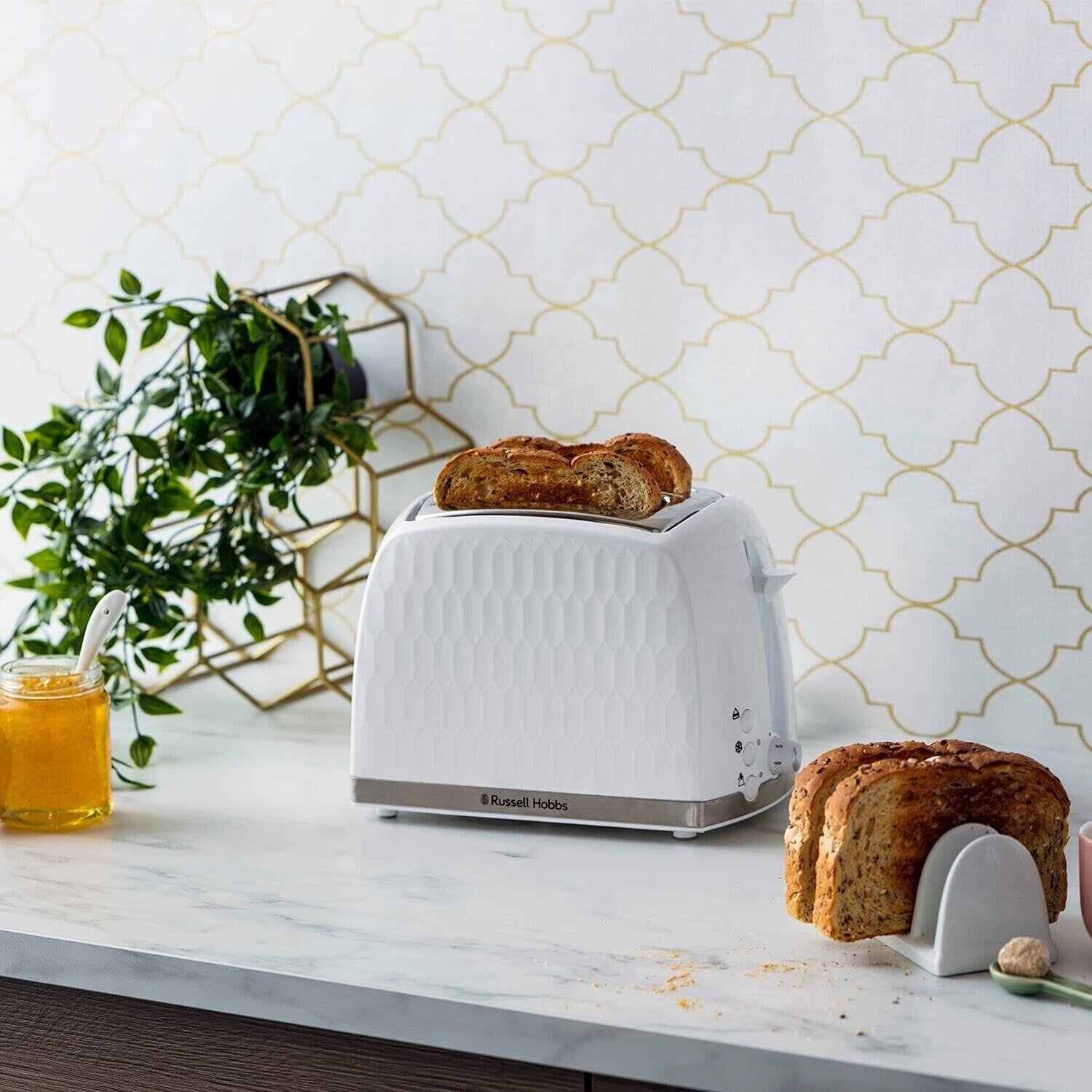 Russell Hobbs Honeycomb Kettle & 2 Slice Toaster Kitchen Set (White) - Vibe Home