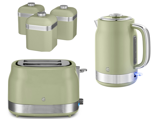 Swan Retro Jug Kettle, 2 Slice Toaster & Canisters Kitchen Set (Green) - Vibe Home