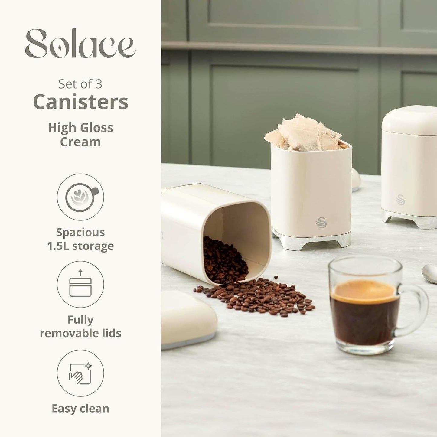 Swan Solace Cream Breadbin & 3 Canisters Kitchen Storage Set with Chrome Trim