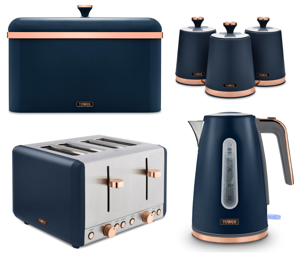 Tower Cavaletto Jug Kettle, 4 Slice Toaster, Bread Bin, Canisters Kitchen Set (Midnight Blue) - Vibe Home