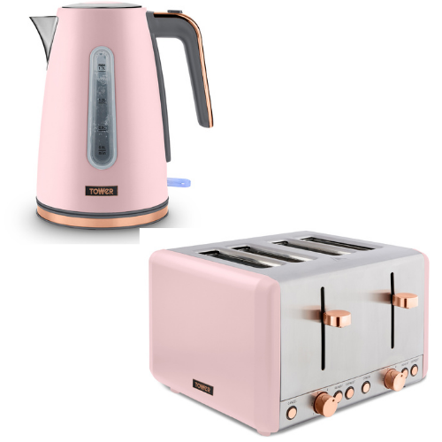 Tower Cavaletto Jug Kettle & 4 Slice Toaster Kitchen Set (Pink) - Vibe Home