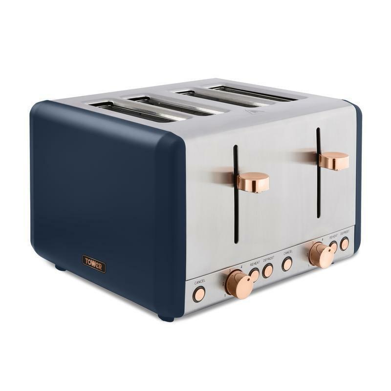 Tower Cavaletto Pyramid Kettle, 4 Slice Toaster, Bread Bin & Canisters Kitchen Set (Midnight Blue) - Vibe Home