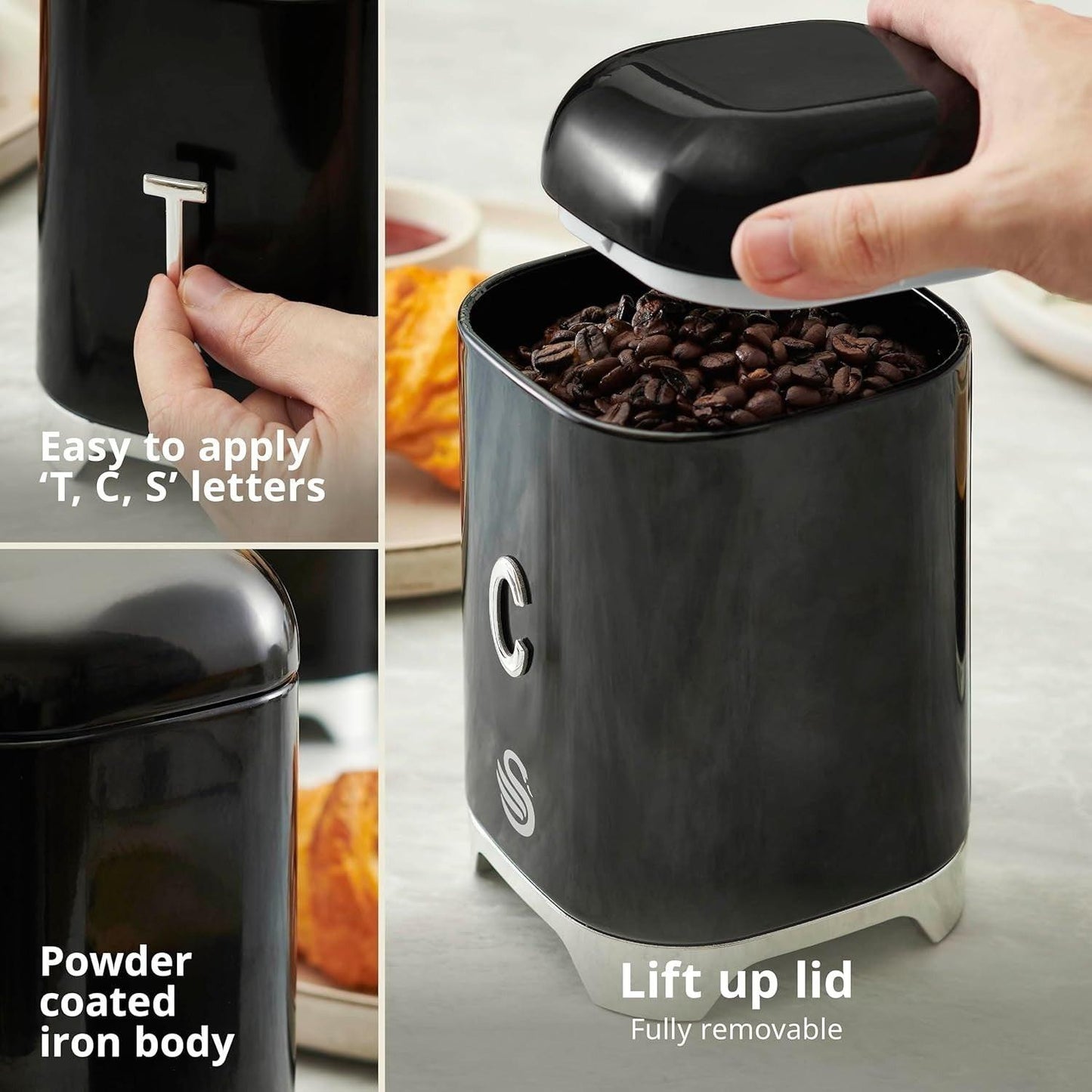 Swan Solace Bread Bin & Canisters Kitchen Storage Set (Black) - Vibe Home