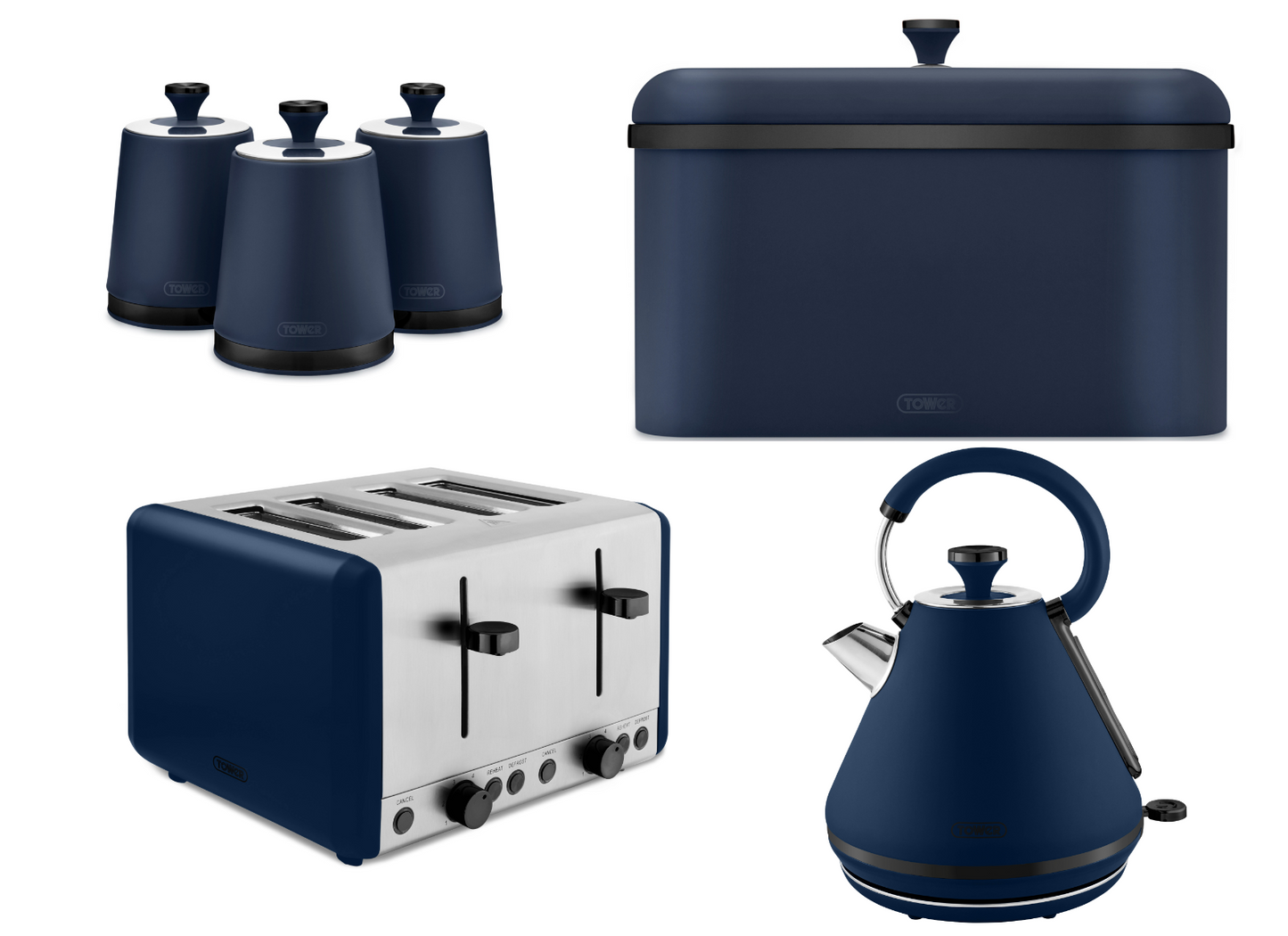 Tower Sera Kettle, 4 Slice Toaster, Bread Bin, Canisters Kitchen Set (Midnight Blue) - Vibe Home