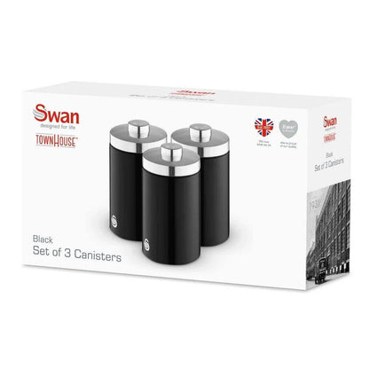 Swan Townhouse Kettle, 2 Slice Toaster, Bread Bin, Canisters Kitchen Set (Black) - Vibe Home