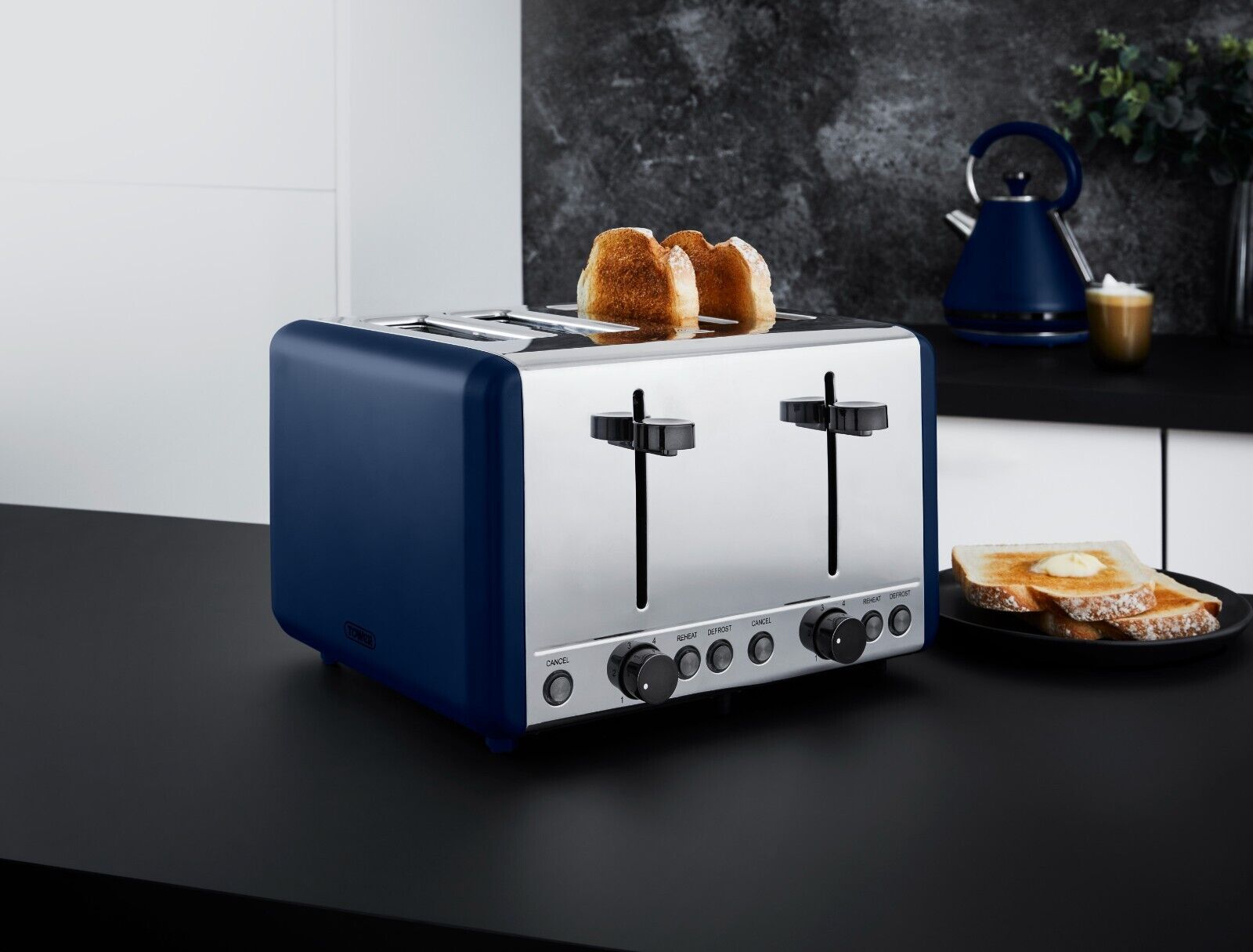 Tower Sera Kettle, 4 Slice Toaster, Bread Bin, Canisters Kitchen Set (Midnight Blue) - Vibe Home