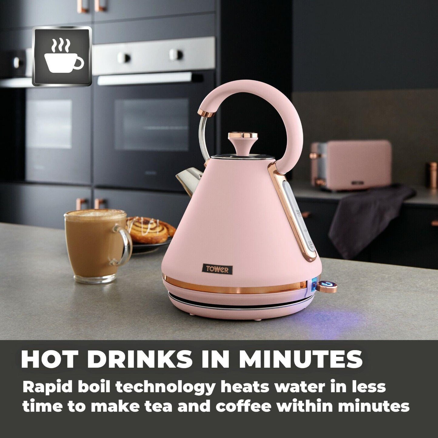 Tower Cavaletto Pyramid Kettle & 2 Slice Toaster Kitchen Set (Pink) - Vibe Home