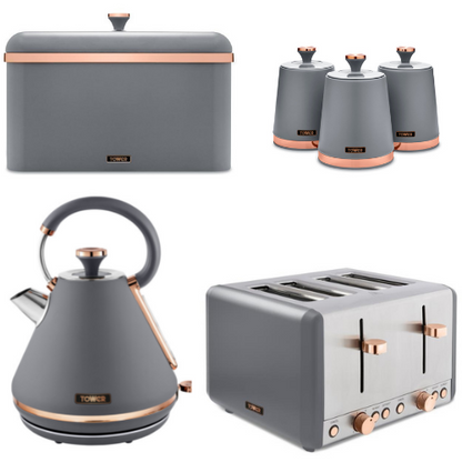 Tower Cavaletto Pyramid Kettle, 4 Slice Toaster, Bread Bin & Canisters Kitchen Set (Grey) - Vibe Home