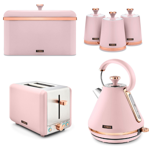 Tower Cavaletto Pyramid Kettle, 2 Slice Toaster, Bread Bin & Canisters Kitchen Set (Pink) - Vibe Home
