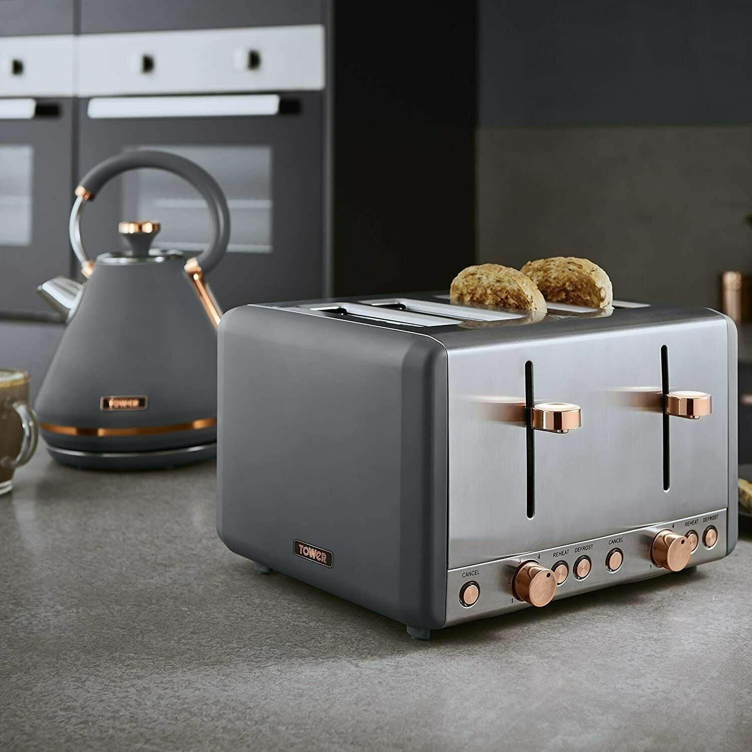 Tower Cavaletto Pyramid Kettle, 4 Slice Toaster, Bread Bin & Canisters Kitchen Set (Grey) - Vibe Home