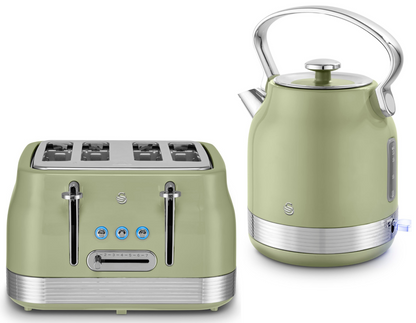 Swan Retro Pyramid Kettle & 4 Slice Toaster Kitchen Set (Green) - Vibe Home