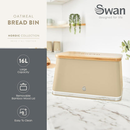 Swan Nordic Kettle, 4 Slice Toaster, Bread Bin, Canisters Kitchen Set (Oatmeal) - Vibe Home