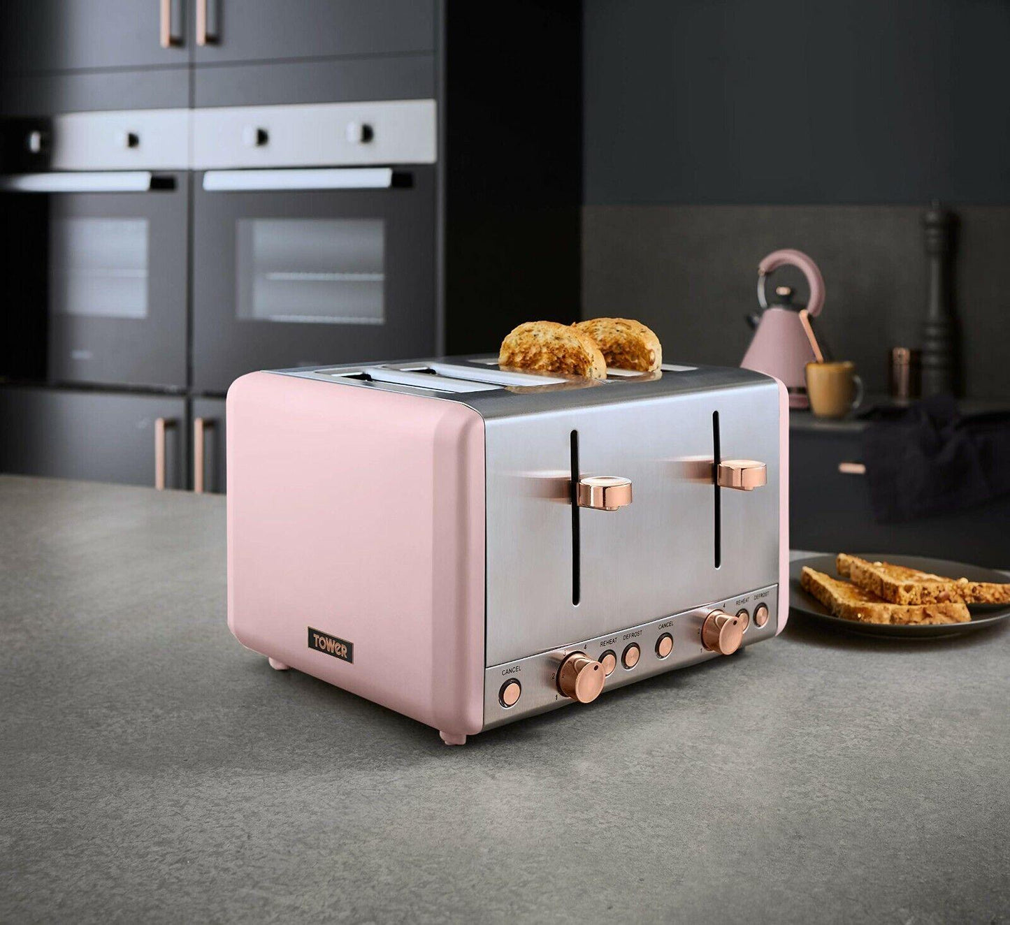 Tower Cavaletto Pyramid Kettle, 4 Slice Toaster, Bread Bin, Canisters Kitchen Set (Pink) - Vibe Home