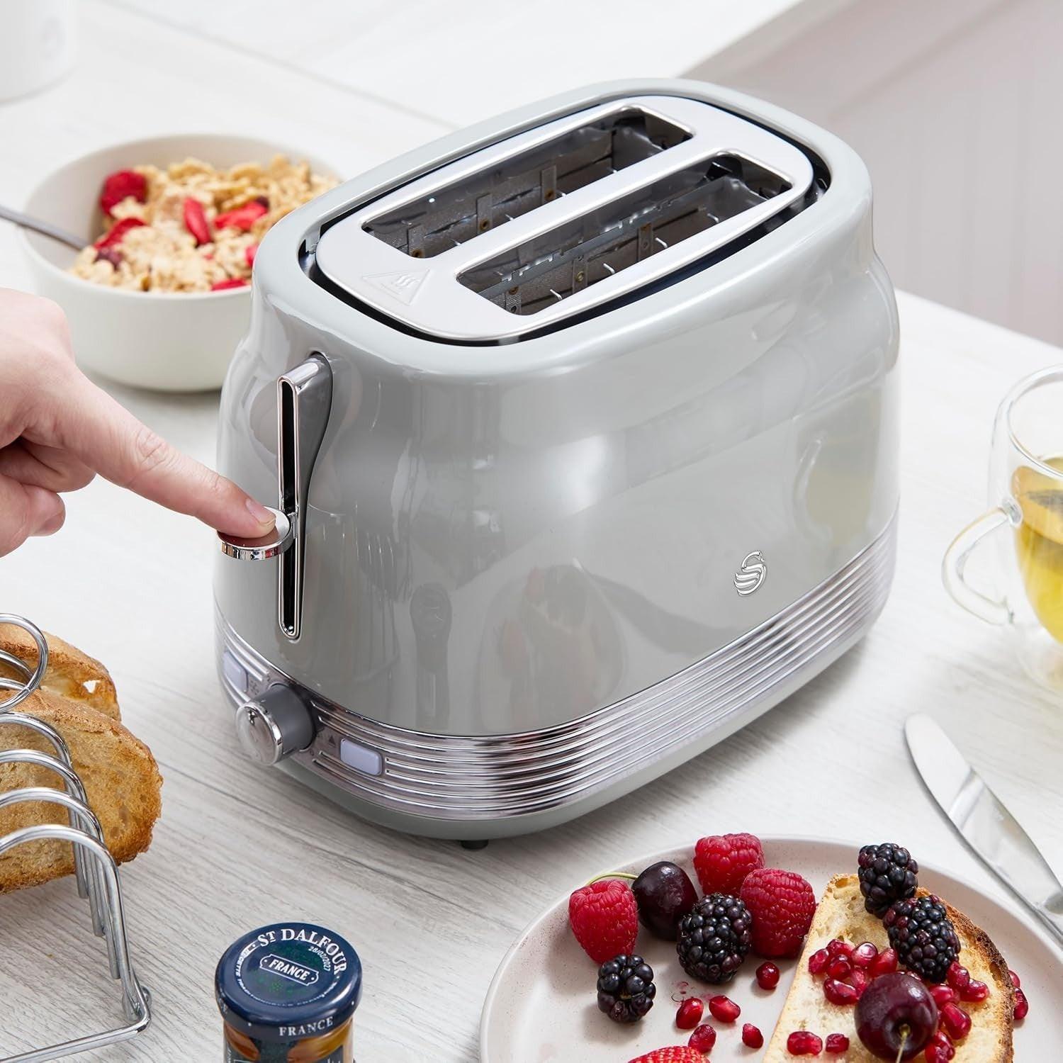 Swan Retro Pyramid Kettle, 2 Slice Toaster & Canisters Kitchen Set (Grey) - Vibe Home