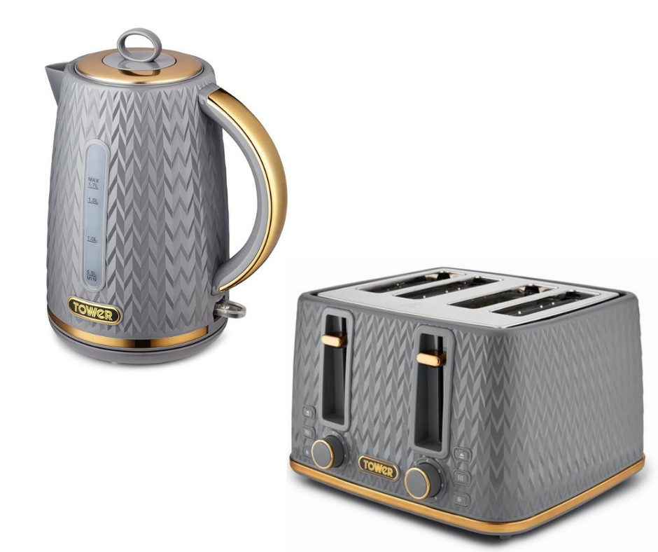 Tower Empire Kettle, 4 Slice Toaster, Bread Bin, Canisters Kitchen Set (Grey) - Vibe Home