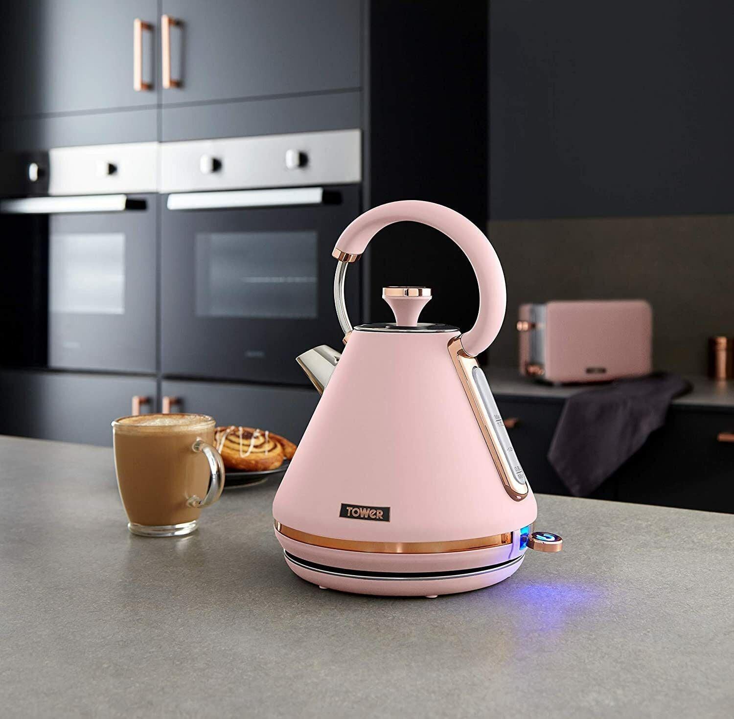 Tower Cavaletto Pyramid Kettle & 4 Slice Toaster Kitchen Set (Pink) - Vibe Home
