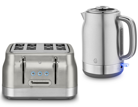 Swan Retro Jug Kettle & 4 Slice Toaster Kitchen Set Silver (Stainless Steel) - Vibe Home