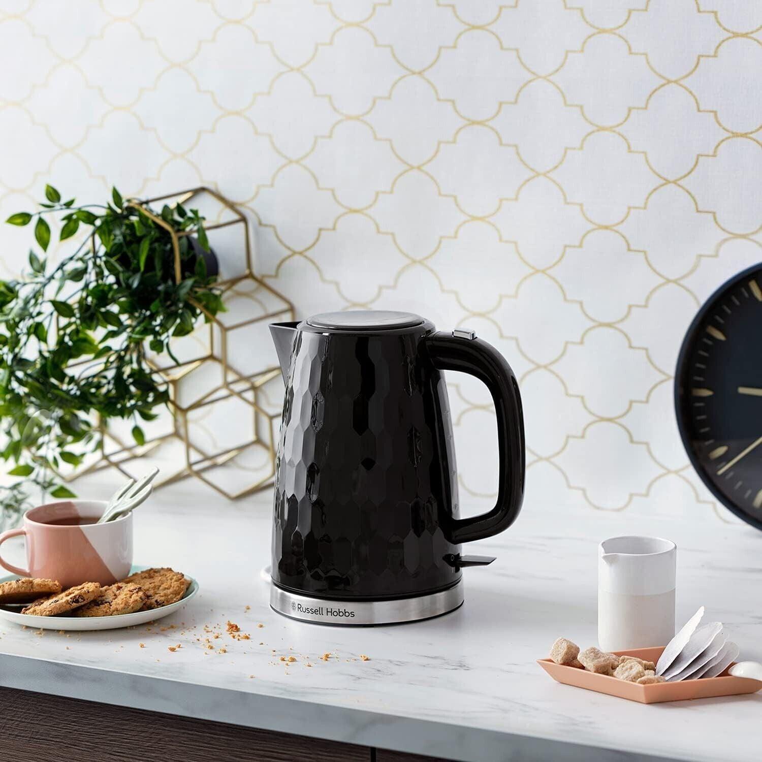 Russell Hobbs Honeycomb Kettle & 4 Slice Toaster Kitchen Set (Black) - Vibe Home