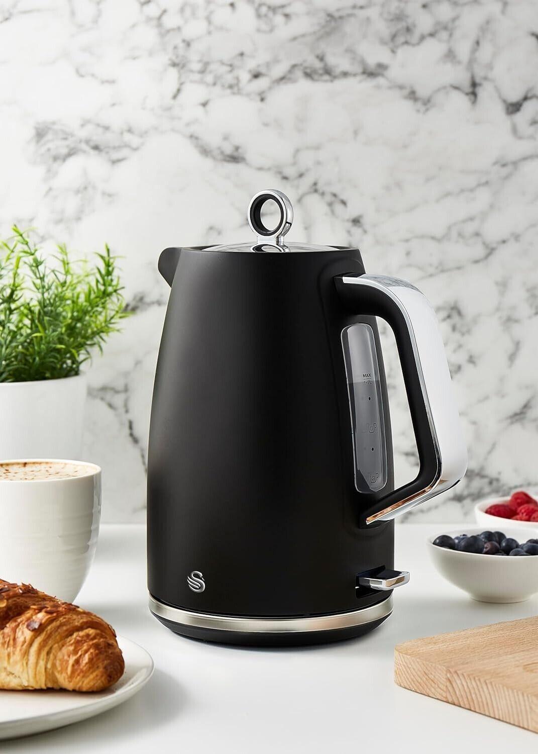 Swan Serenity Kettle, 4 Slice Toaster, Bread Bin & Canisters Kitchen Set (Black) - Vibe Home