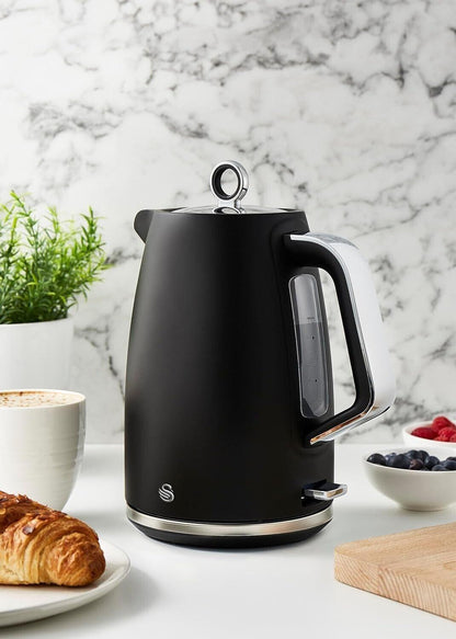 Swan Serenity Kettle, 4 Slice Toaster, Bread Bin & Canisters Kitchen Set (Black) - Vibe Home
