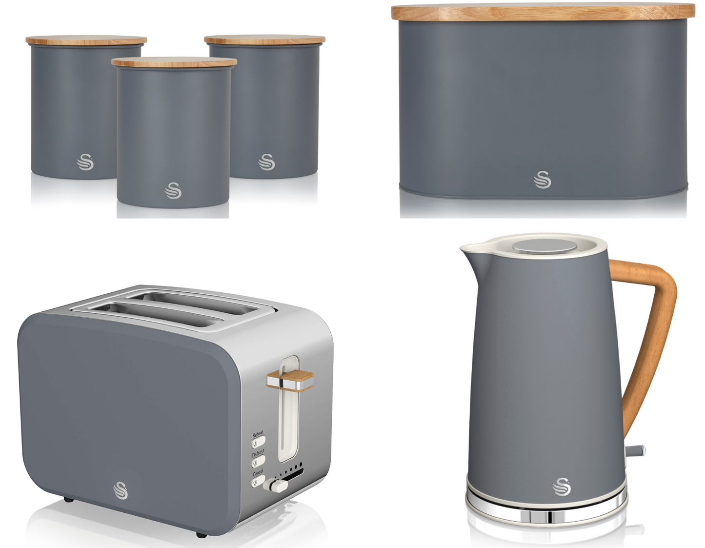 Swan Nordic Kettle, 2 Slice Toaster, Bread Bin, Canisters Kitchen Set (Grey) - Vibe Home