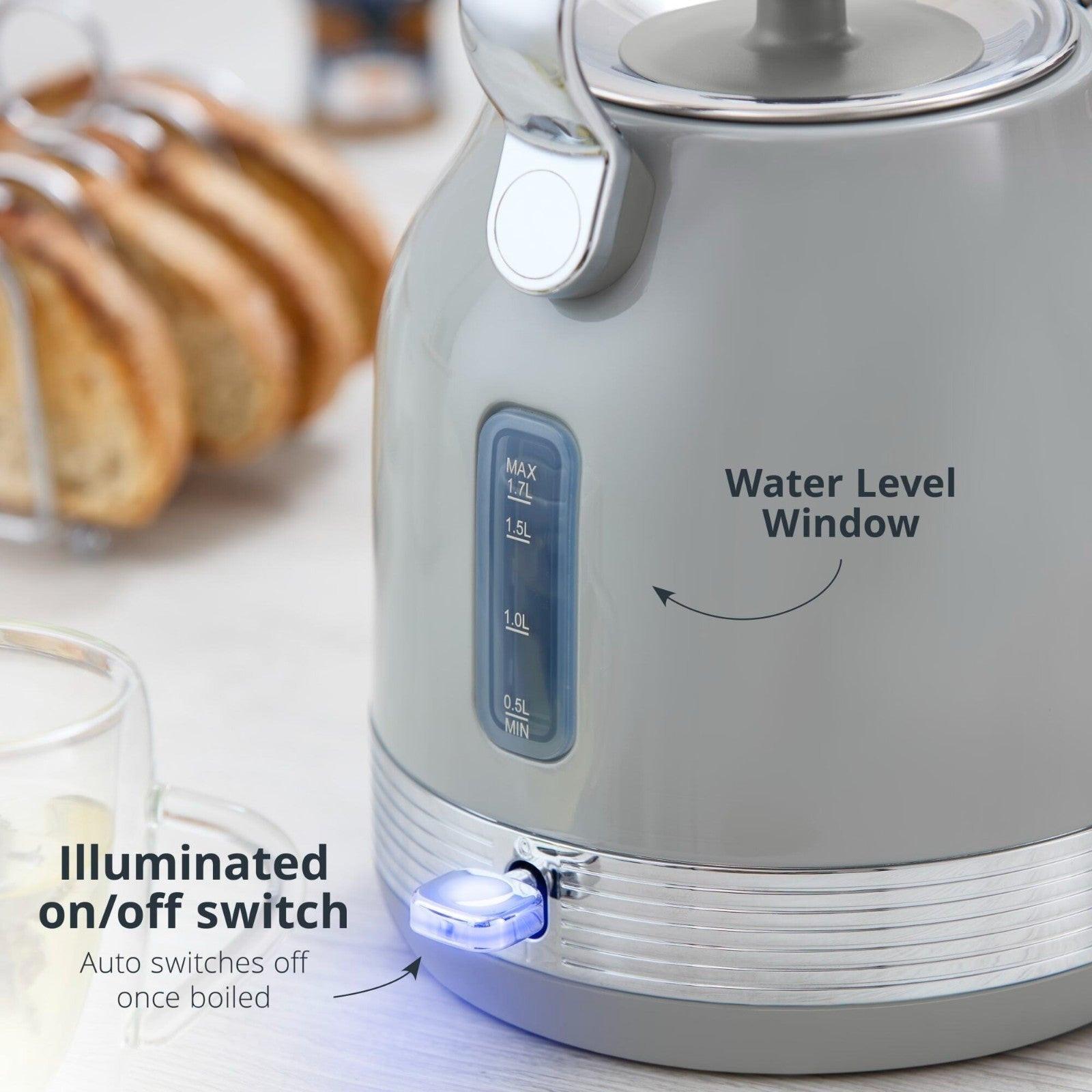 Swan Retro Pyramid Kettle, 4 Slice Toaster, Bread Bin, Canisters Kitchen Set (Grey) - Vibe Home